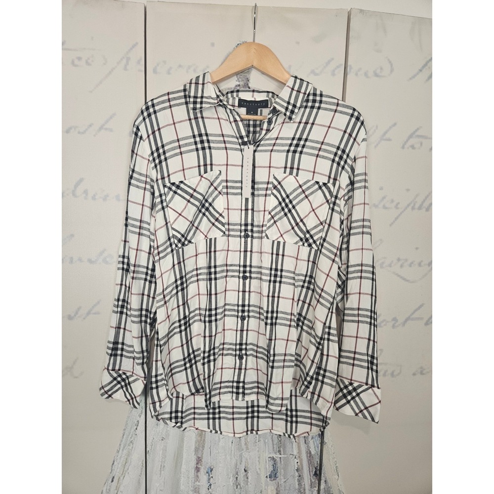 NWT Sanctuary Womens Plaid Button Down Shirt White Black Burgundy Rayon Medium
